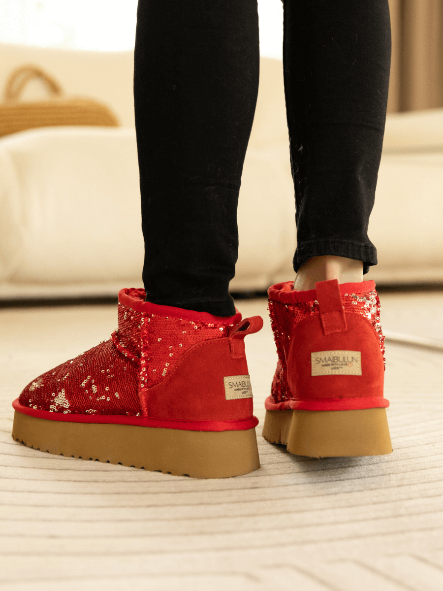 Smaibulun Ugg | Mini Glitter Low Ankle Platform Boots - Red