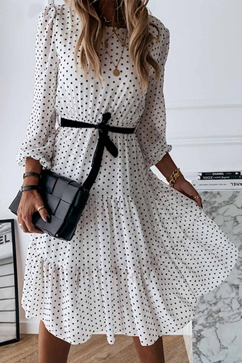 Chicindress Elegant Dot Print Round Neck Tie Midi Dress