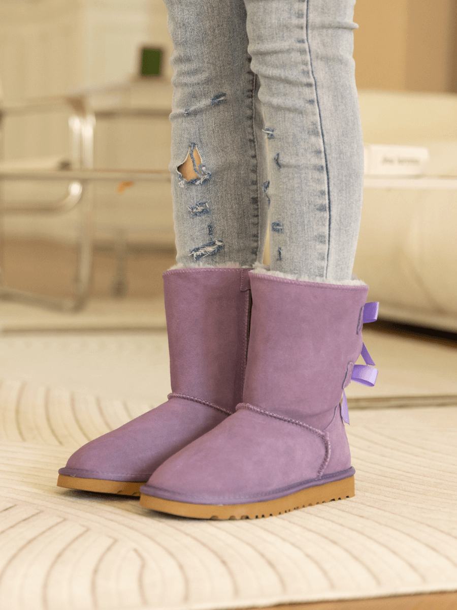 Smaibulun Ugg | Double Ballet Ribbon Bow Suede Shearling Boots - Lavender