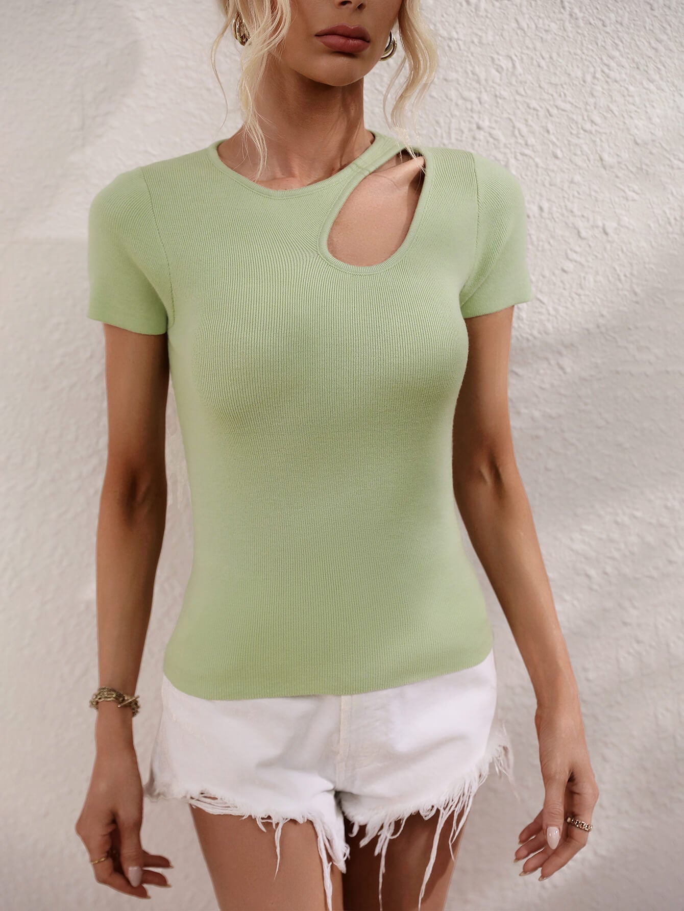 JULISSA RIBBED CUT-OUT KNIT TOP - SAGE