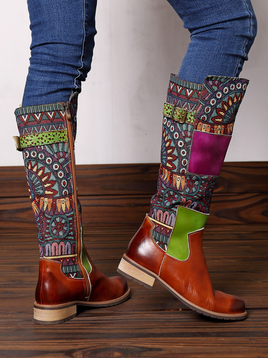 SOFFIA | BROWN GEOMETRIC PRINT LEATHER KNEE BOOTS