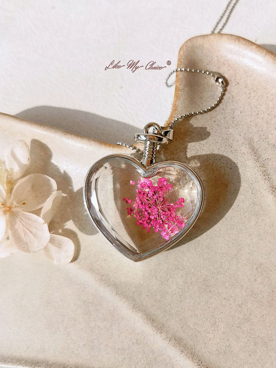 Queen Anne Lace Floral Crystal Glass Heart Necklace