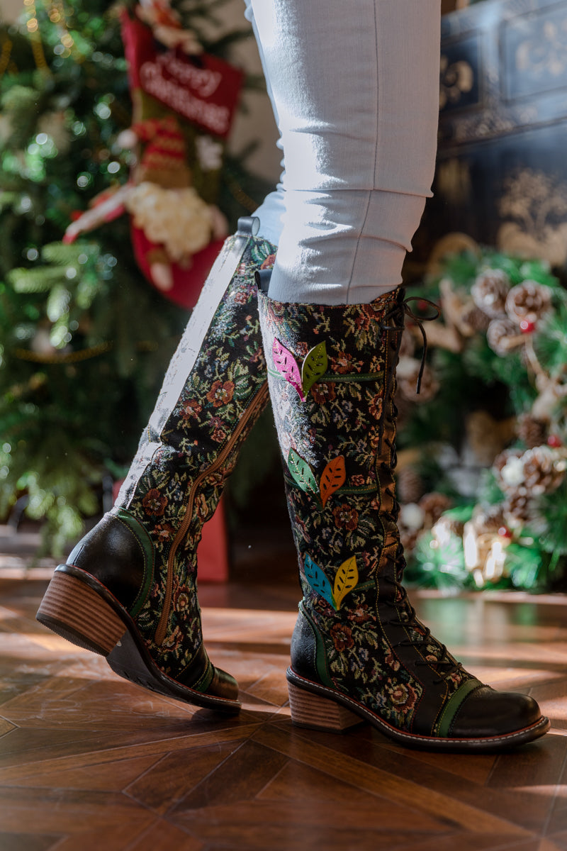 SOFFIA | FLORAL PATCHWORK APPLIQUE LEATHER CANVAS BOOT