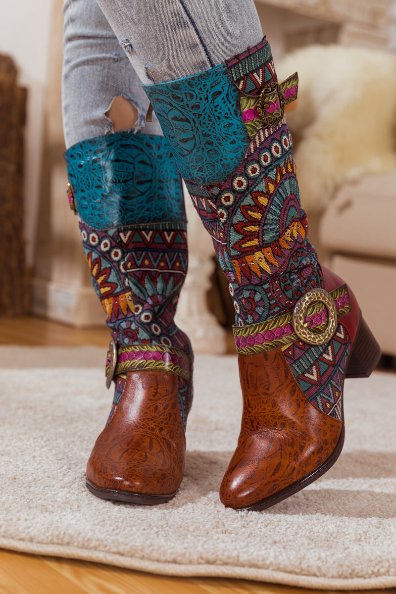 SOFFIA | BROWN PATCHWORK LEATHER KNEE BOOT