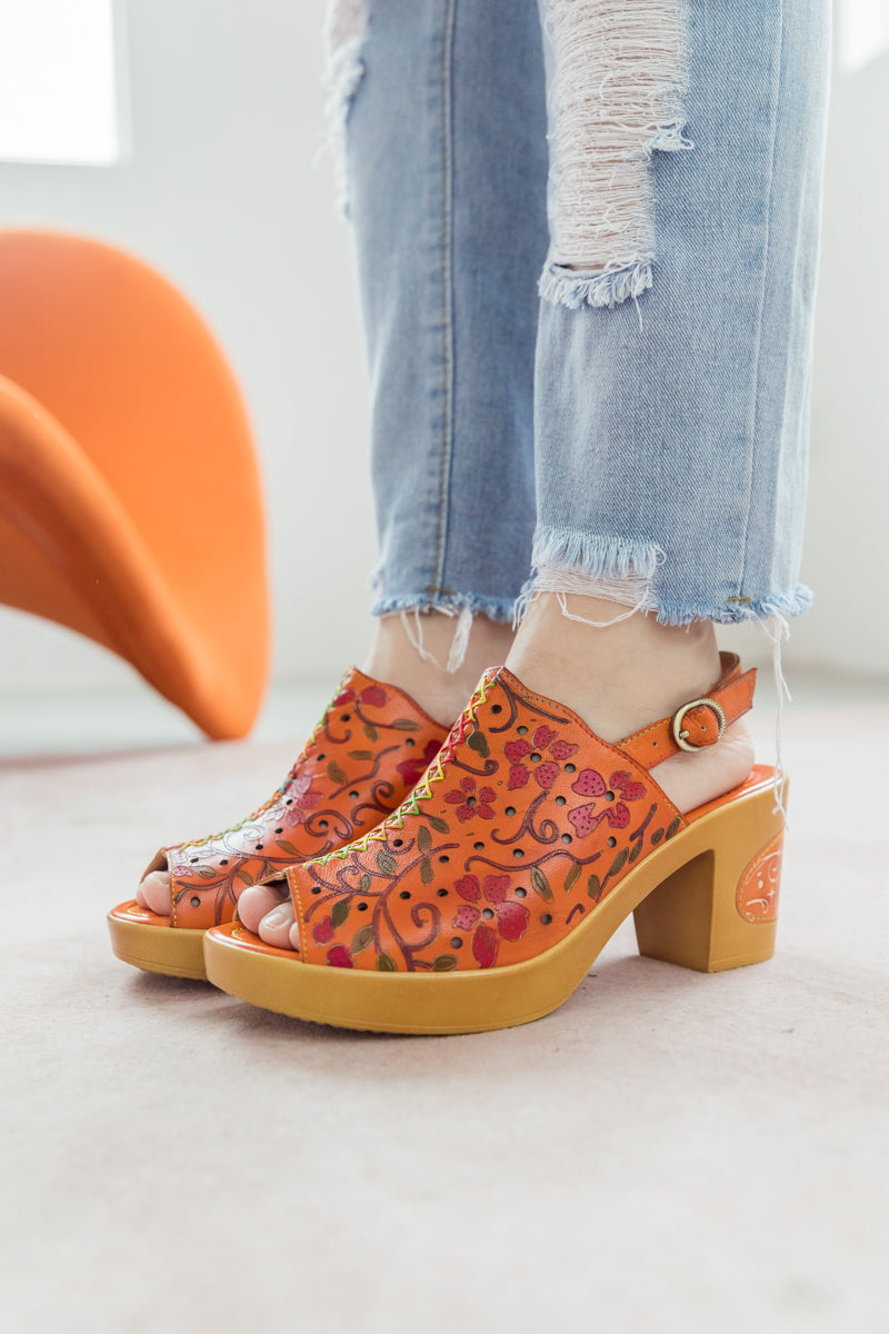 SOFFIA | ORANGE FLORAL EMBOSSED PERFORATED LEATHER SANDAL