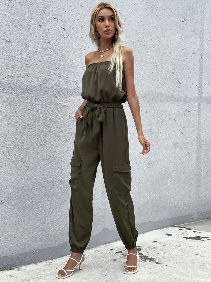 Parisa Strapless Satin Tie Waist Jumpsuit