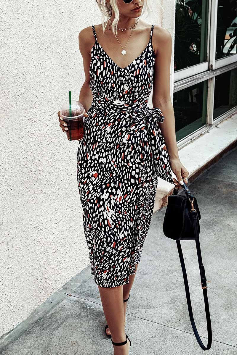 Chicindress V Neck Print Midi Dress With Belts(4 Colors)