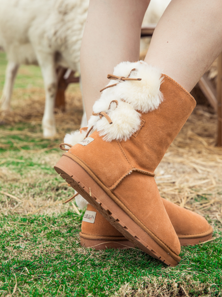 SMAIBULUN Ugg | Back Woollen Bow Suede Boots - Chestnut