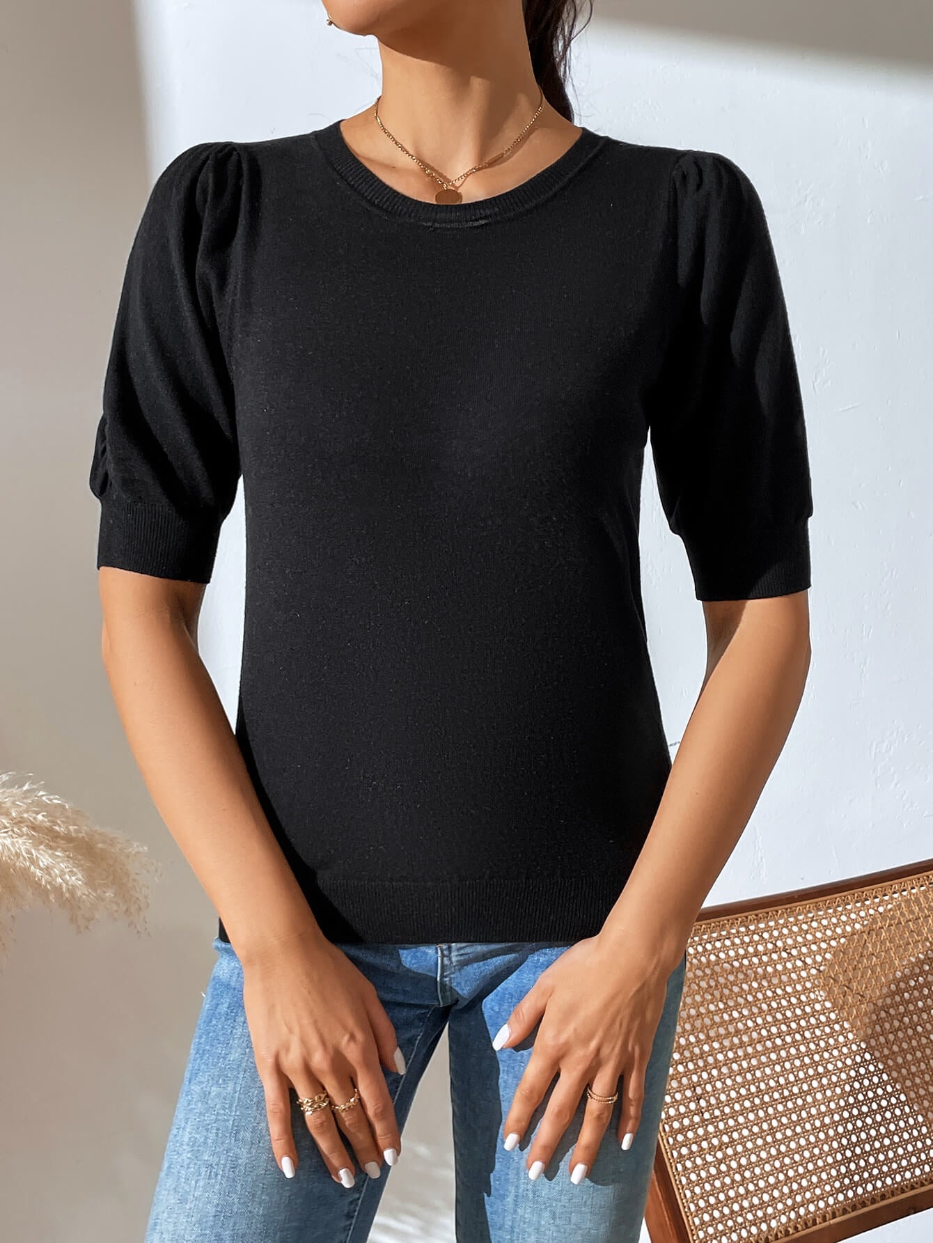 HALO SHORT SLEEVE COTTON BLEND KNIT TOP - BLACK