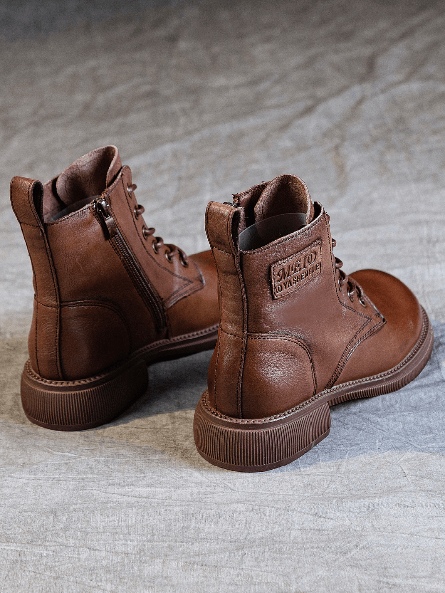 RUMOUR HAS IT | ZIP UP LEATHER COMBAT BOOT - BROWN