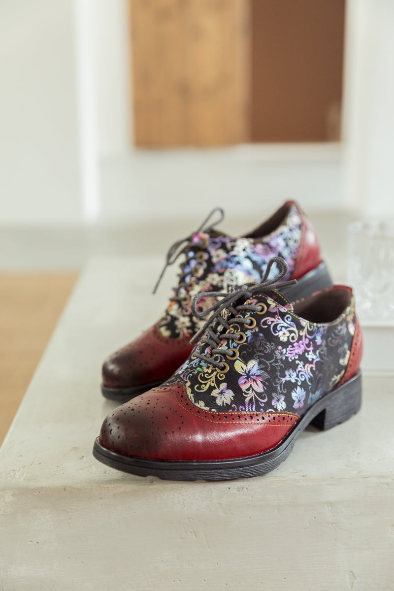 SOFFIA | Brown Floral Print Leather Brogues Oxford