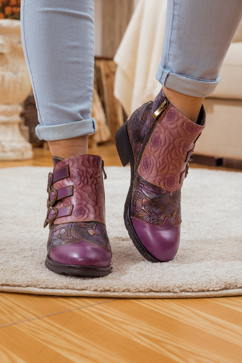 SOFFIA | ROSE GARDEN EMBOSSED LEATHER STRAP BOOT - PURPLE