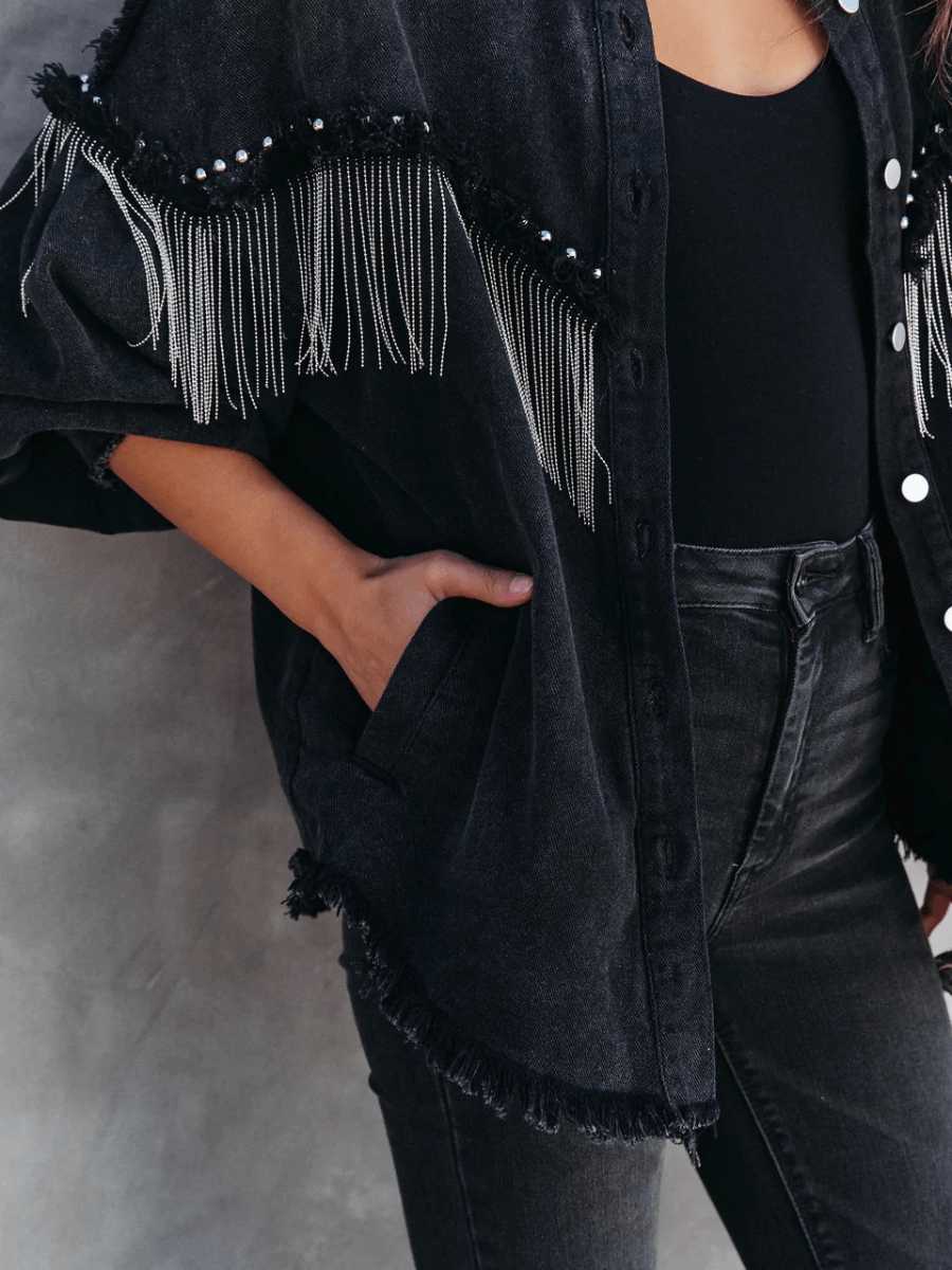 KNIGHTLY POCKETED STUDDED FRINGE DENIM JACKET