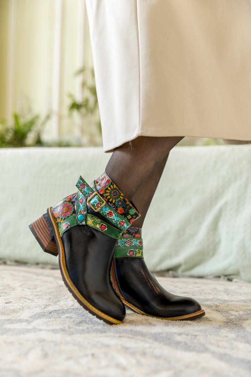 SOFFIA | ABSTRACT FLORAL STRAP LEATHER ANKLE BOOT