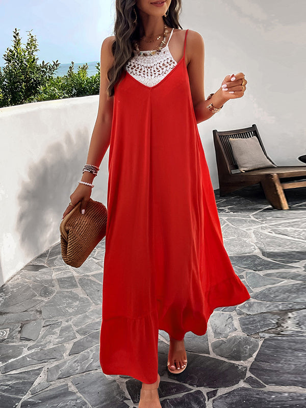 Loose Sleeveless Pleated Solid Color Split-Joint Spaghetti-Neck Maxi Dresses