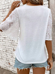 Loose Short Sleeves Jacquard See-Through Split-Joint V-Neck T-Shirts