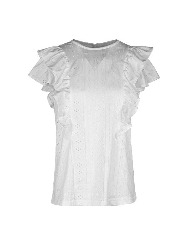 Loose Short Sleeves Floral Pleated Solid Color Split-Joint Round-neck T-Shirts Tops