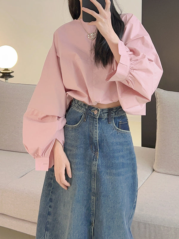 Batwing Sleeves Loose Elasticity Solid Color Round-Neck Blouses&Shirts Tops