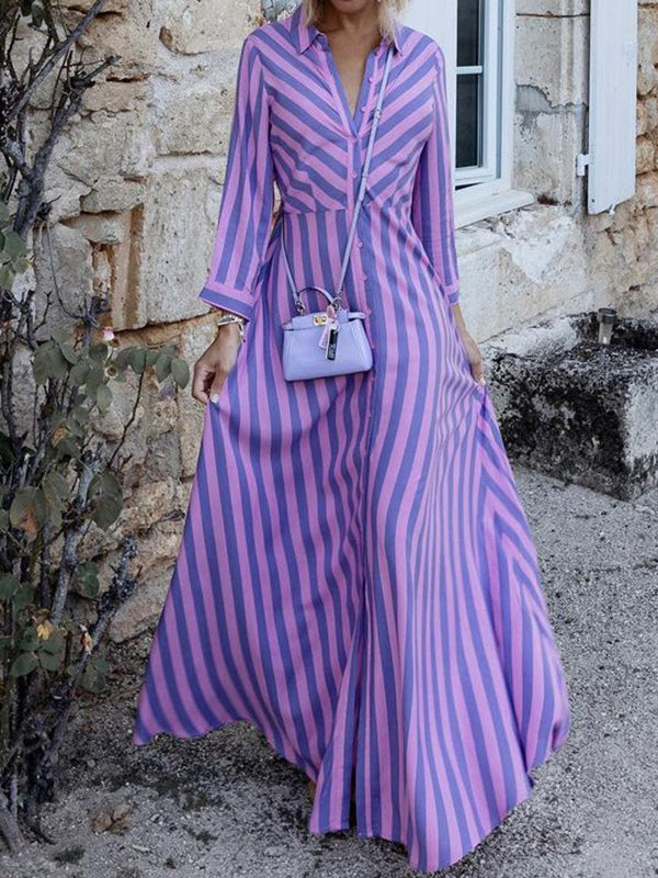 Stylish Long Sleeves Striped Lapel Collar Maxi Dresses