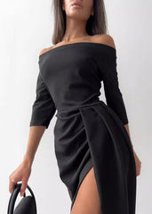 Elegant Off-Shoulder Slit Dress - Long Sleeve Waist Tie