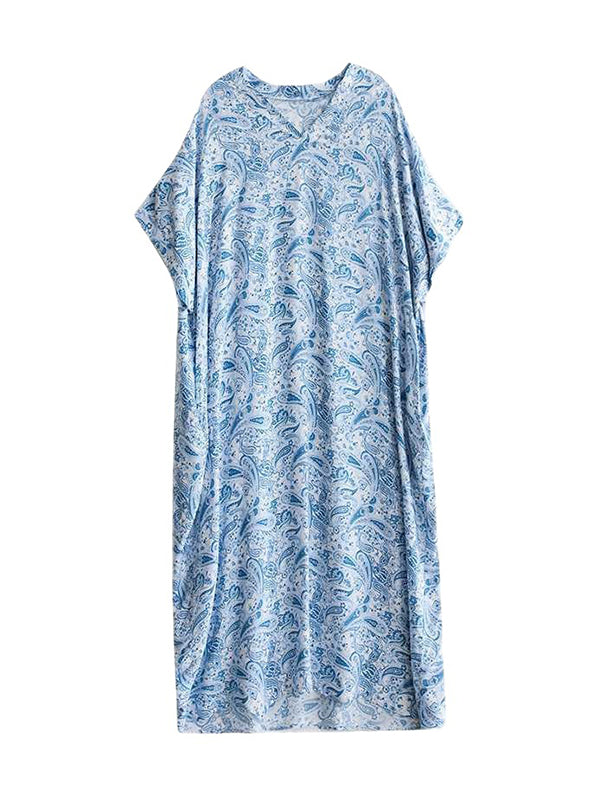 Batwing Sleeves Loose Printed V-Neck Maxi Dresses