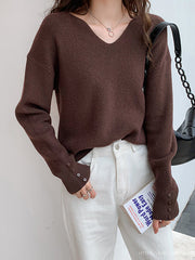 Casual Loose Long Sleeves Solid Color V-Neck Sweater Tops