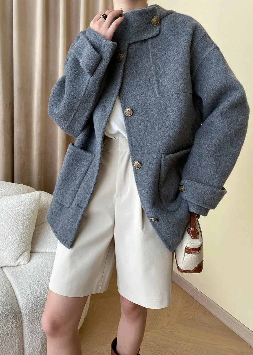 Chic Wool-Blend Buttoned Coat with Stand Collar