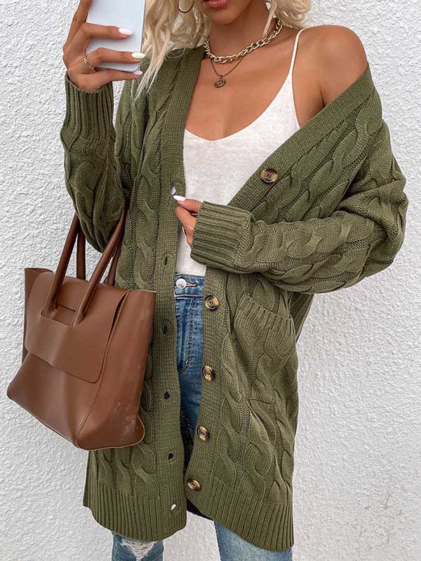 Urban Simple Loose Buttoned Solid Color Jacquard Cardigan Coat