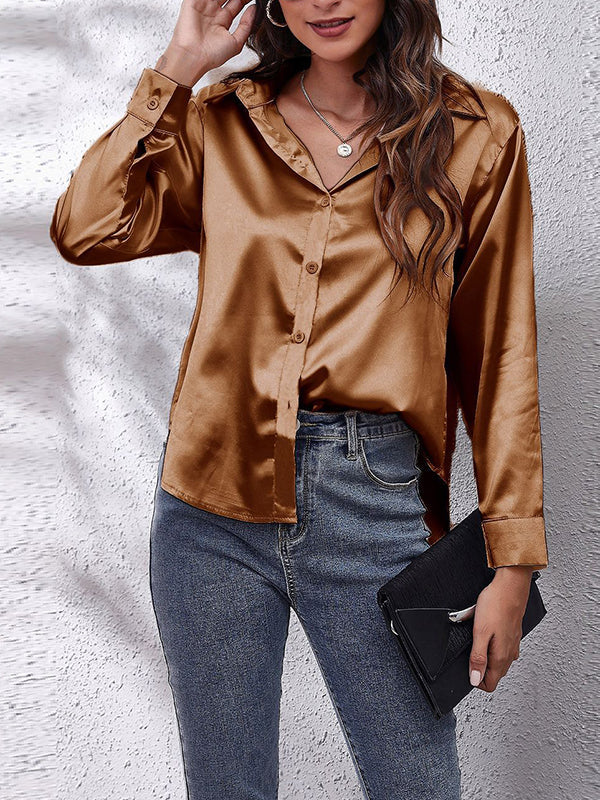 Long Sleeves Loose Solid Color Lapel Blouses