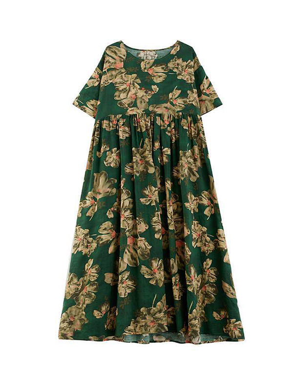 Half Sleeves Loose Flower Print Pleated Pockets Round-neck Midi Dresses