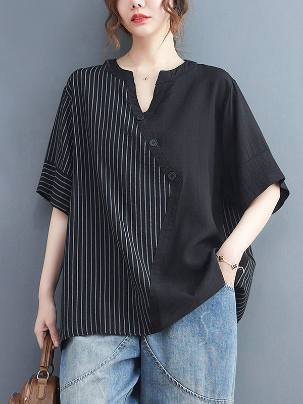 Simple Loose Asymmetric Striped V-Neck Blouse