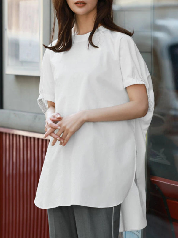 High-low Loose Elasticity Solid Color Split-side Round-neck T-Shirts Tops