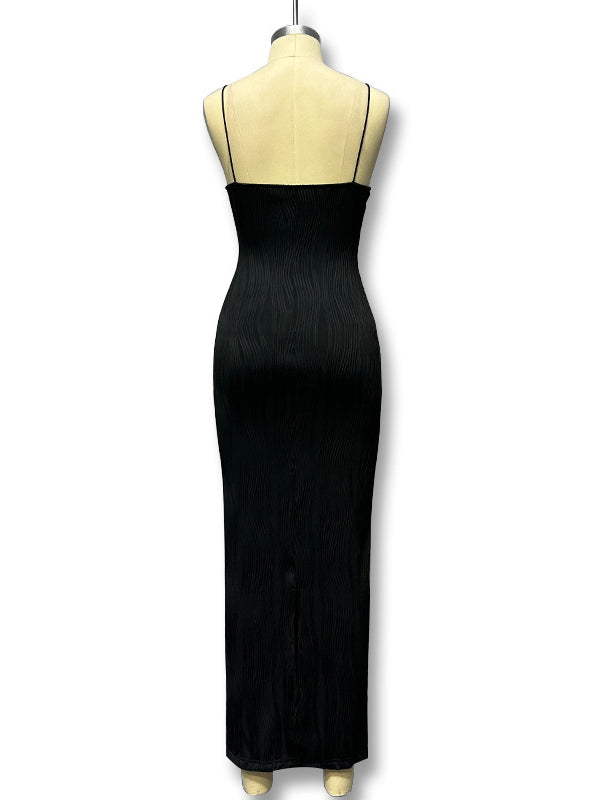 Bodycon Sleeveless Pleated Solid Color Split-Back Split-Joint Zipper Spaghetti-Neck Maxi Dresses