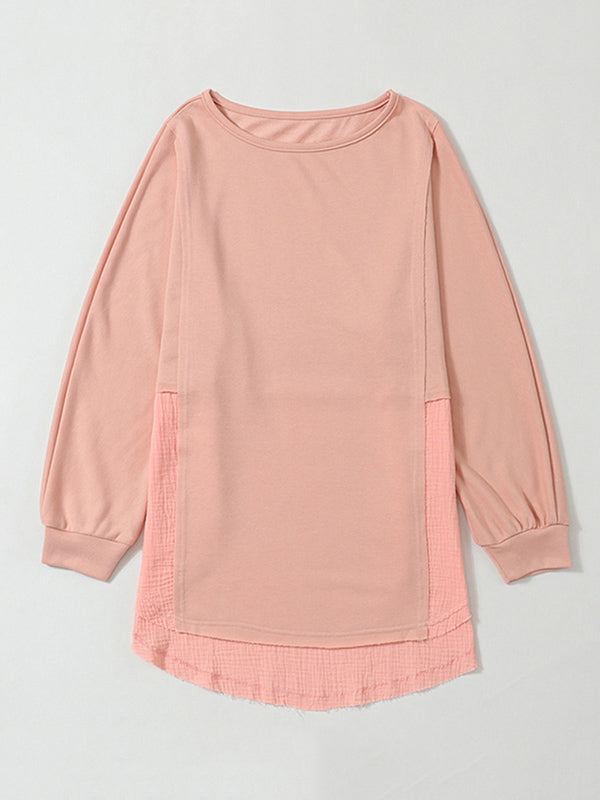 High-Low Long Sleeves Fringed Split-Joint Split-Side Round-Neck Sweatshirt Tops