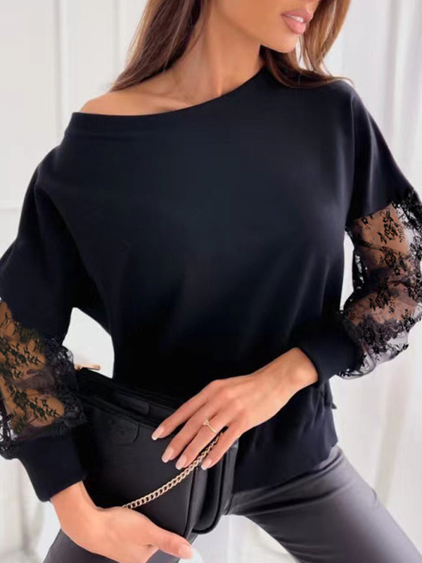 Long Sleeves Loose Mesh Solid Color Split-Joint Round-Neck T-Shirts Tops