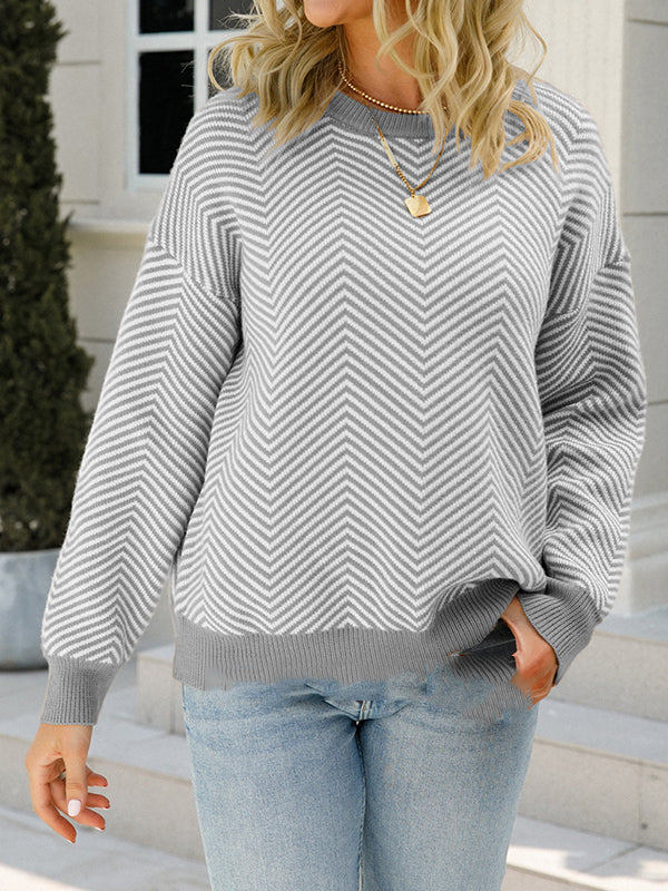 Long Sleeves Loose Striped Round-Neck Knitwear Pullovers Sweater Tops