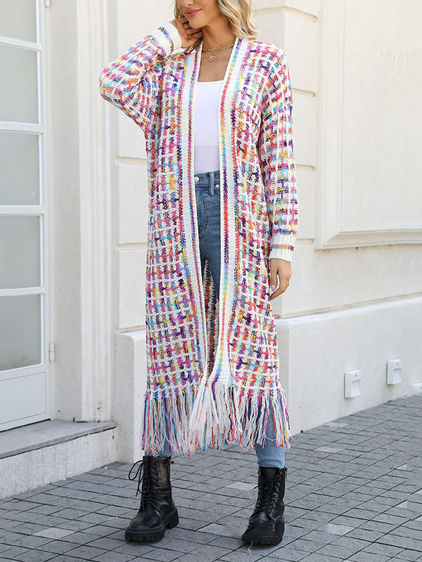 Long Sleeves Loose Plaid Tasseled Collarless Cardigan Tops