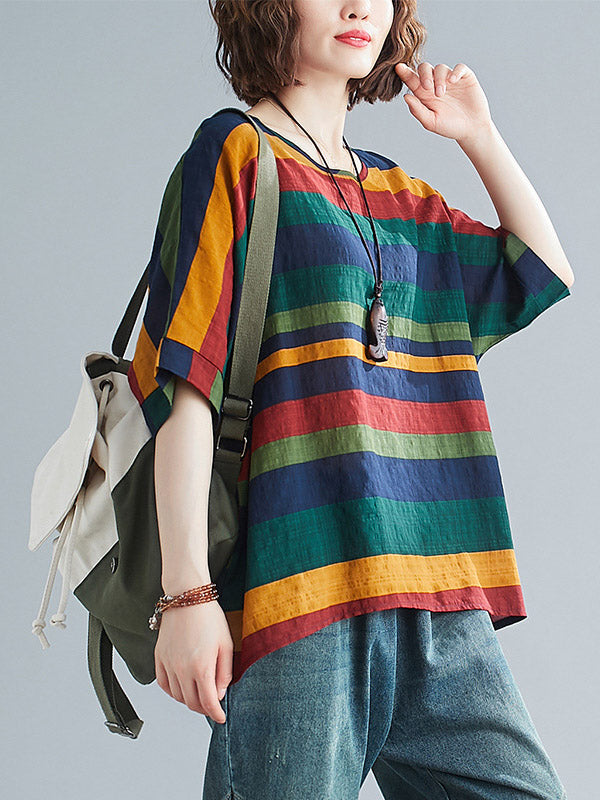 Rainbow Stripe Batwing Sleeves T-Shirts Tops