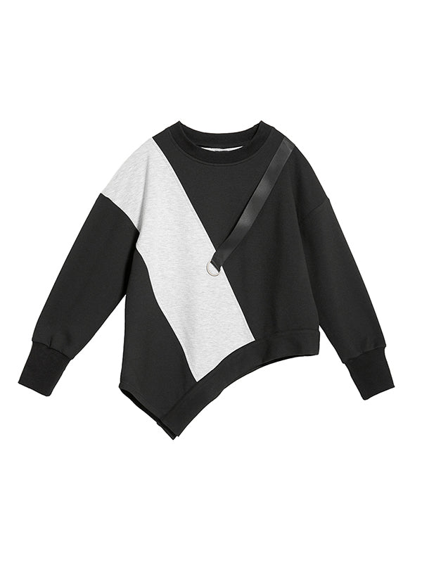 Stylish Black&Gray Asymmetric Contrast Color Long Sleeves Round-Neck T-Shirt