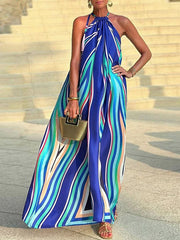 Loose Sleeveless Colorful Striped Halter-Neck Maxi Dresses