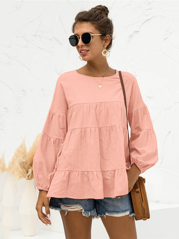 Casual Long Sleeves Puff Sleeves Solid Color Round-Neck T-Shirts Tops