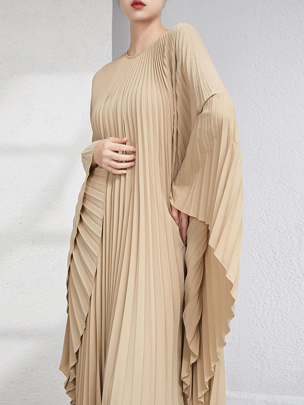 Urban Flared Batwing Sleeves Pleated Solid Color Round-Neck Midi Dresses