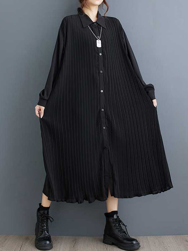 A-Line Long Sleeves Buttoned Pleated Pockets Split-Joint Lapel Midi Dresses Shirt Dress