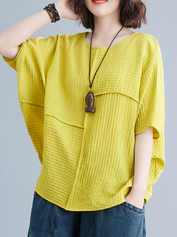 Batwing Sleeves Loose Solid Color Split-Joint Round-Neck T-Shirts Tops