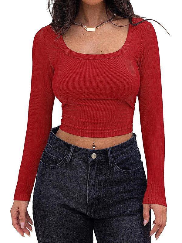 Long Sleeves Skinny Solid Color Square-Neck T-Shirts Tops