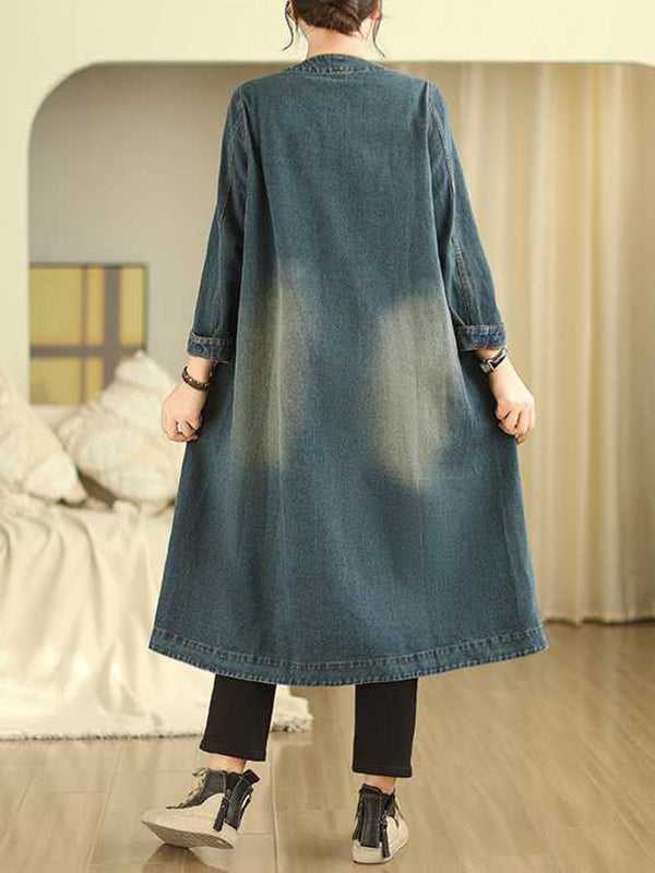 A-Line Long Sleeves Buttoned Pockets Round-Neck Midi Dresses Outerwear