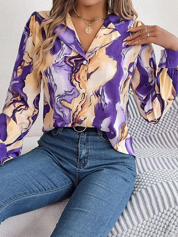 Long Sleeves Loose Buttoned Printed Notched Collar Blouses&Shirts Tops