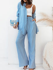 Long Sleeves Buttoned Pockets Solid Color Lapel Shirts Top + Elasticity High Waisted Pants Bottom Two Pieces Set