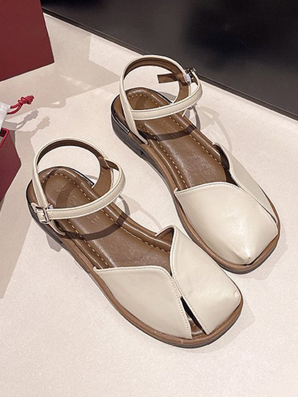 Belt Buckle Hollow Split-Joint Square-Toe Flat Shoes Sandals