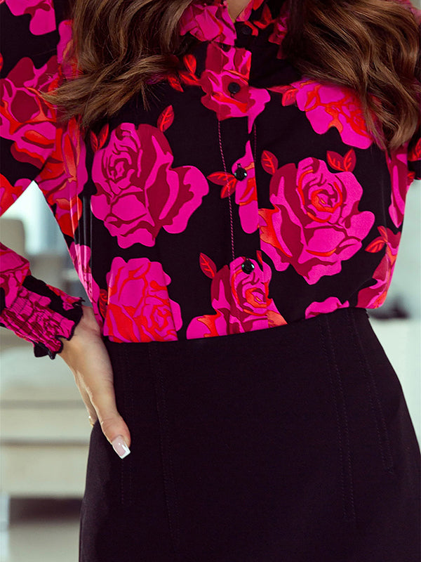 Long Sleeves Loose Buttoned Elasticity Flower Print Lapel Blouses&Shirts Tops